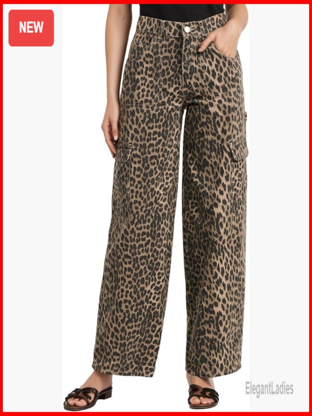 Leopard Print Cargo Jeans Straight Leg Baggy Boyfriend Fit With Pockets
